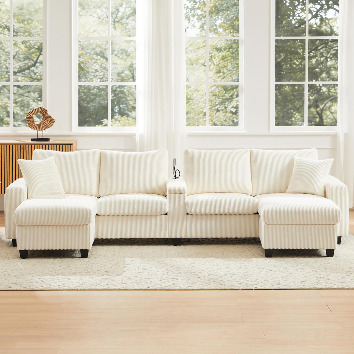 SOFA U-Form mit 2 Hockern 334 x 128,5 x 81 cm Cord Beige - Beige, Kunststoff (128.5/81/334cm) - Meubliv