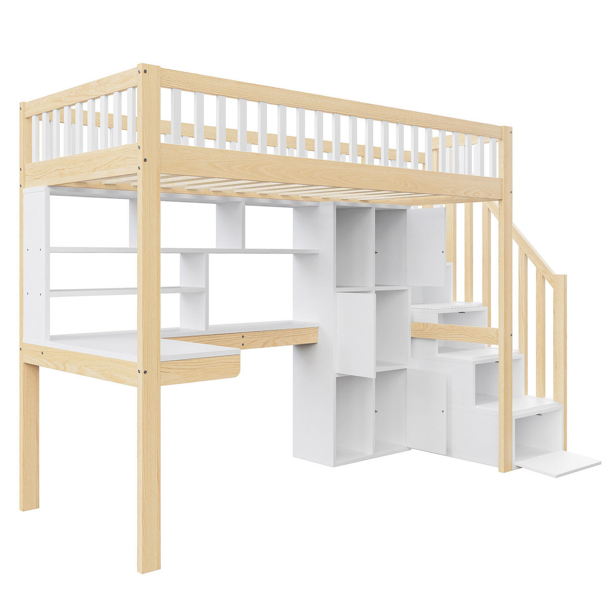 HOCHBETT 90/200 cm Weiß/Natur mit LED, Ablageleiter und Schreibtisch - Weiß, Holzwerkstoff (90/200cm) - MIVRAY