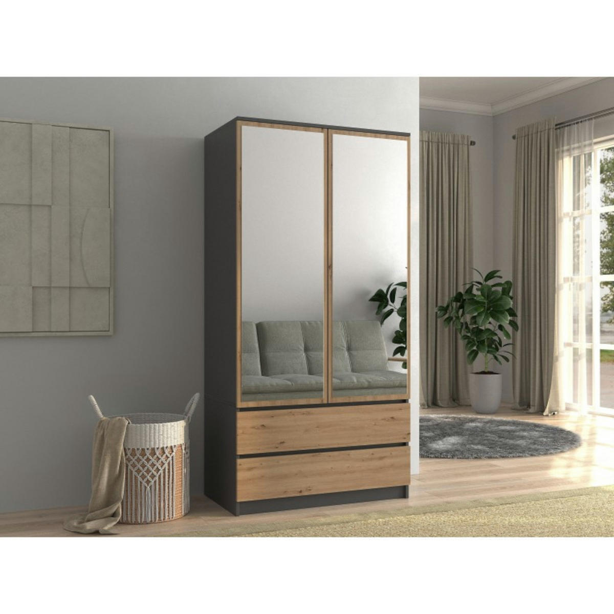 KLEIDERSCHRANK Wäscheschrank Laminierter Spanplatte - Anthrazit/Eiche Artisan, Holzwerkstoff (90/180/50cm) - Ibonto