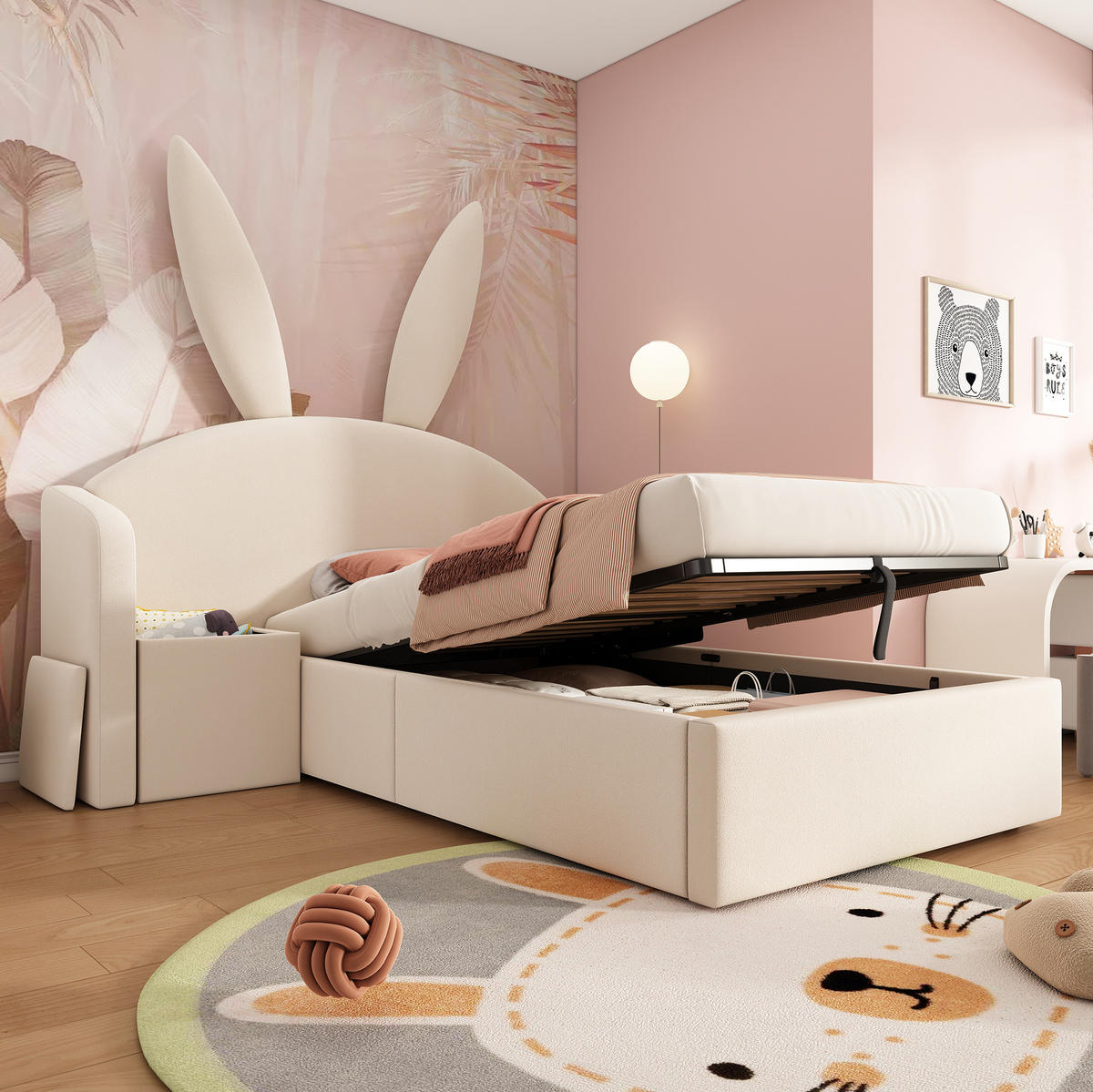 JUGENDBETT 90/200 cm aus Samt, Holz und Metall mit Bettkasten und Nachttisch Beige - Beige, Textil (90/200cm) - Modenvie