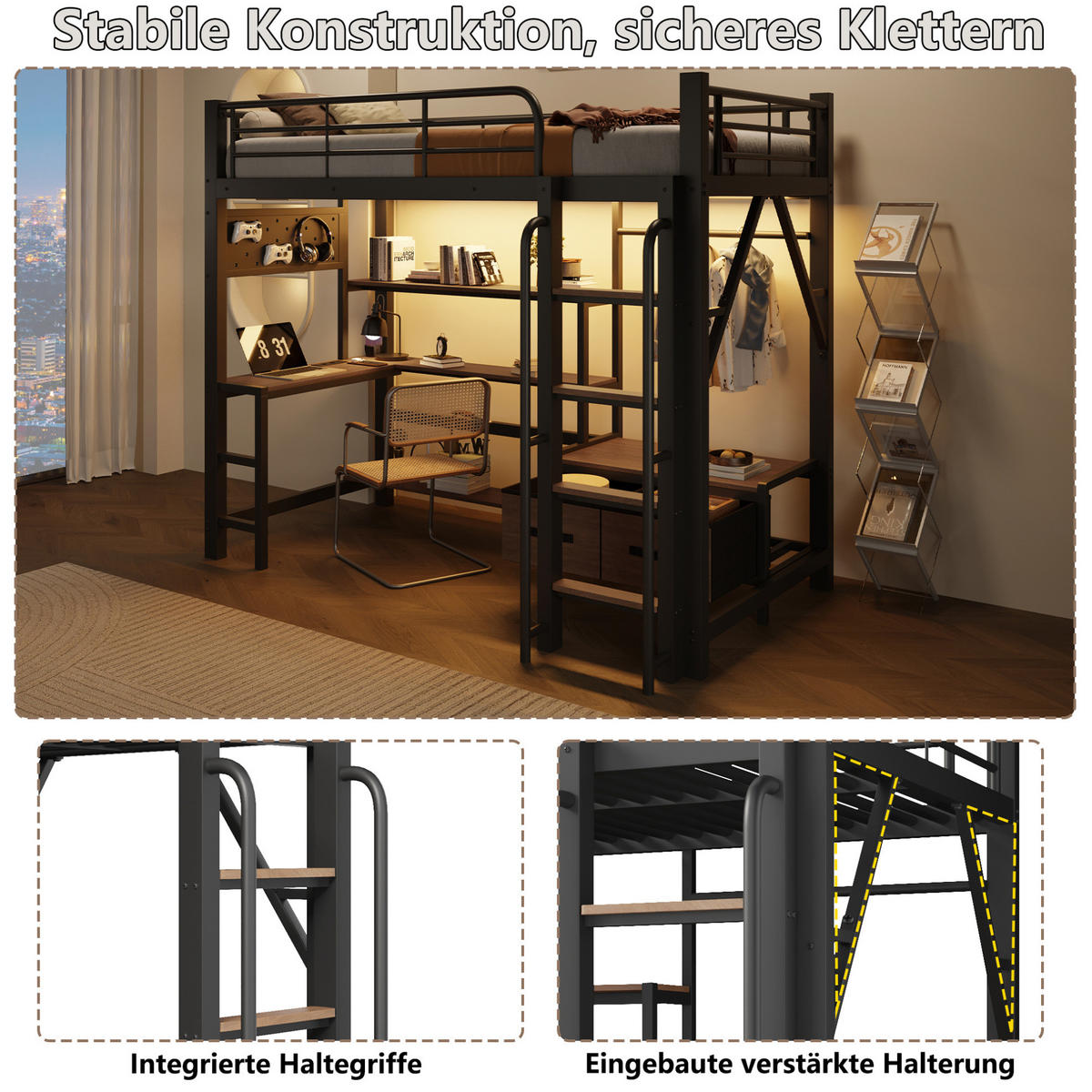 HOCHBETT aus Stahl und MDF 90x200 cm Schwarz mit Schreibtisch, LED-Beleuchtung und Stauraum - Schwarz, Holzwerkstoff (90/200cm) - Modfu