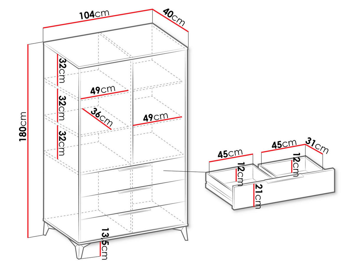 KLEIDERSCHRANK Xylix Bis 2D3SZ - Nussbaumfarben/Schwarz, Holzwerkstoff/Metall (104/180/40cm) - MIRJAN24