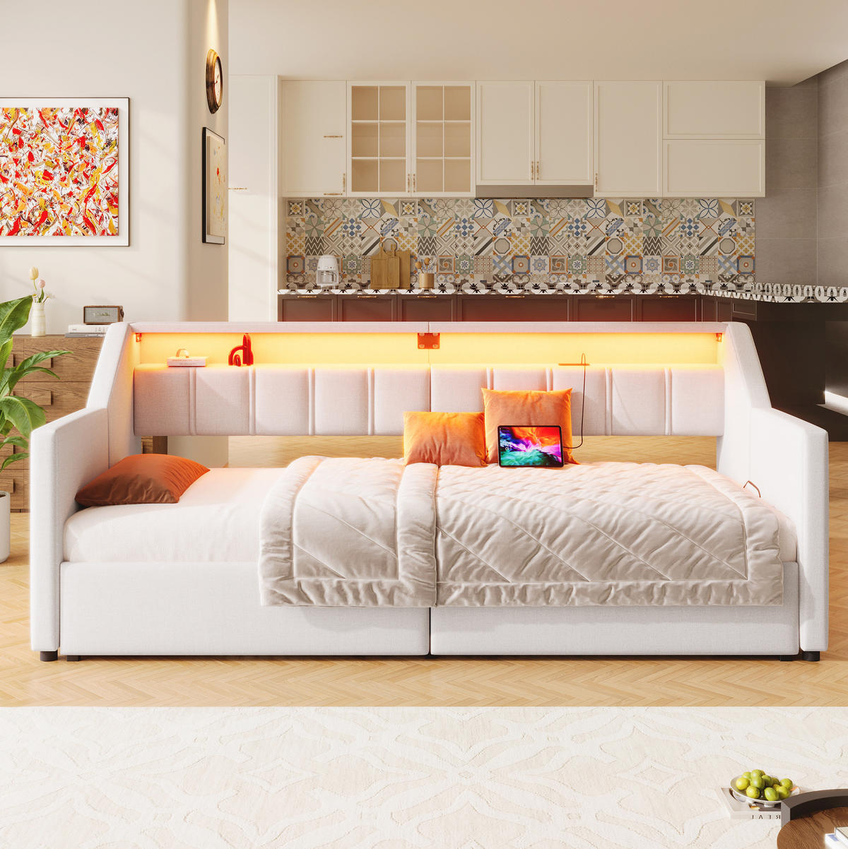 BETT aus Leinen 90x200 cm Beige mit USB, Typ-C, LED-Leiste und Ausziehfunktion - Beige, Textil (90/200cm) - Modfu