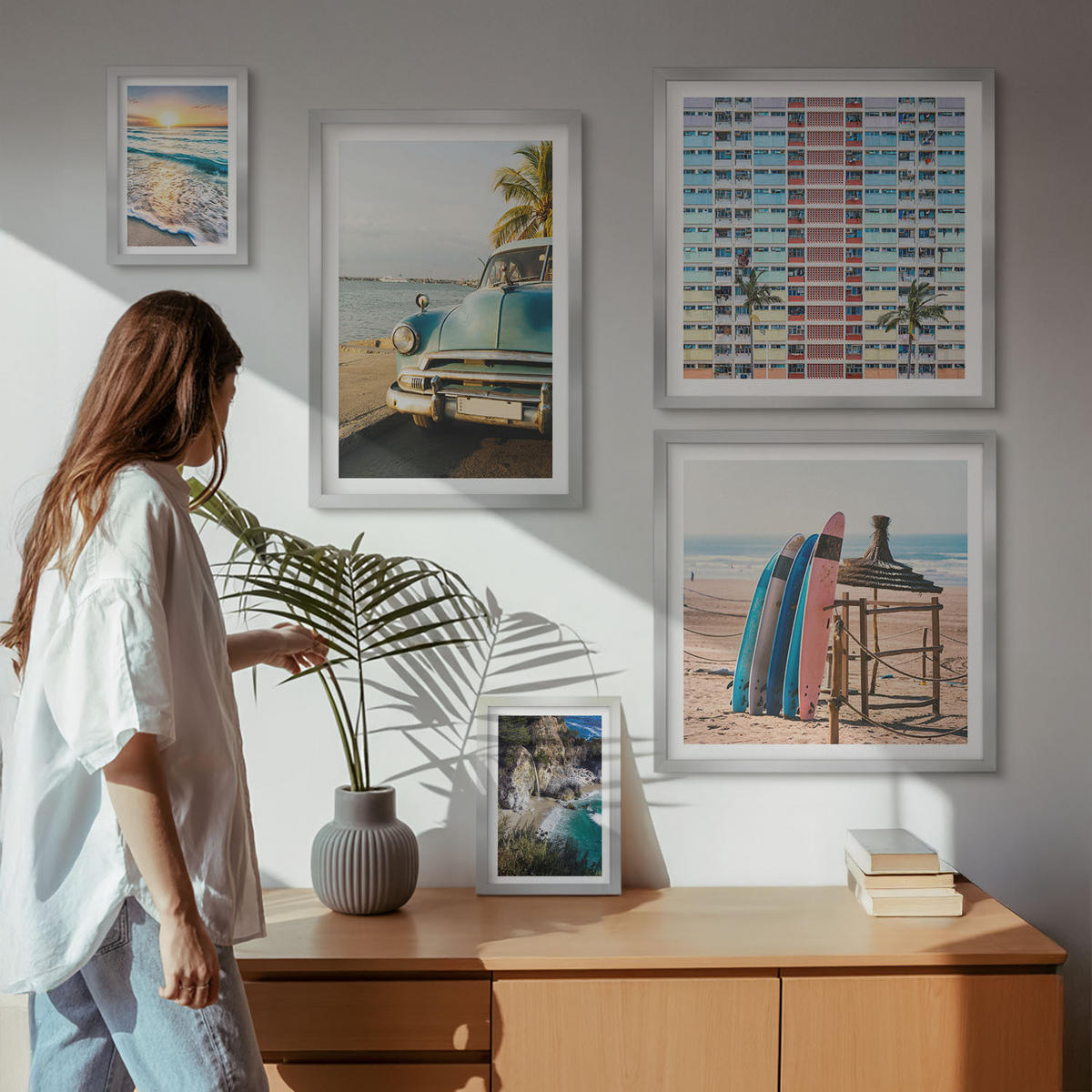 BILDER SET 5er Set - 50x50 cm & 20x30 cm & 40x60 cm Silberner Rahmen - Sonnenuntergang in Miami - Silberfarben, Kunststoff (40/60cm) - TULUP