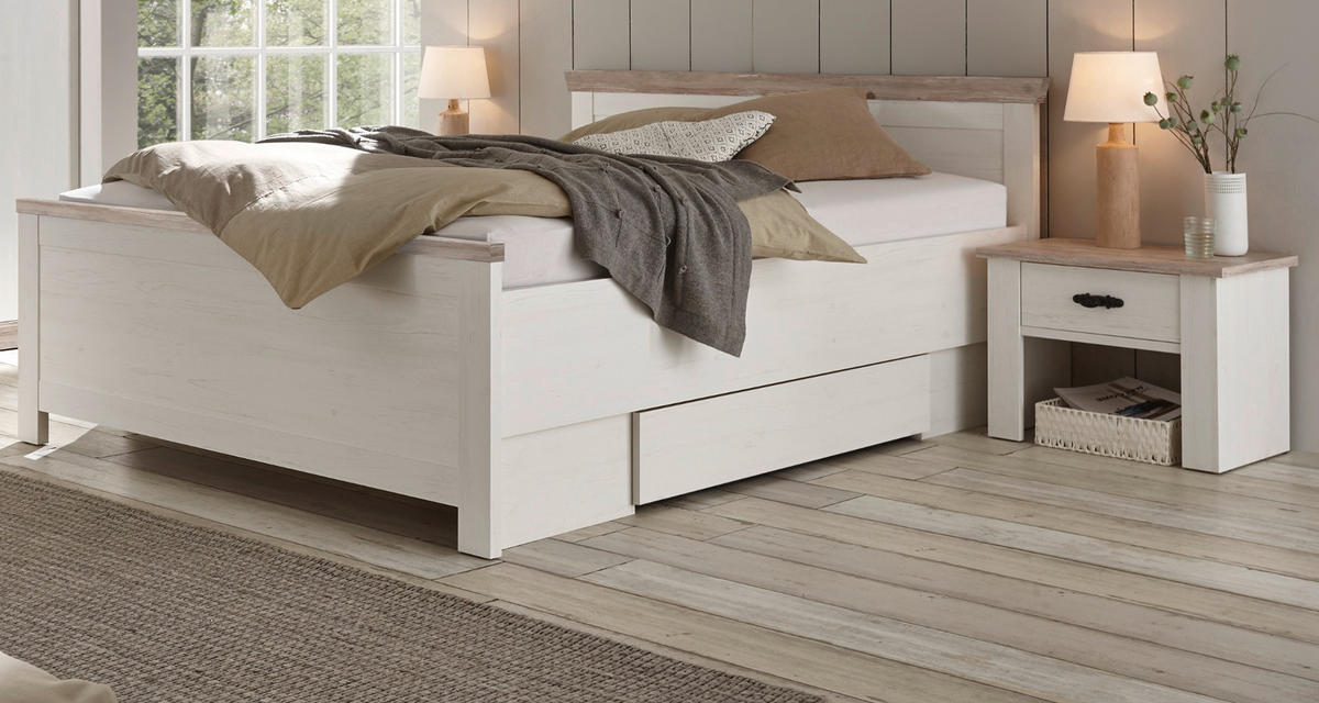 BETT Pinie weiß, Oslo Pinie Landhaus, Einzelbett Liegefläche 140 x 200 cm - Weiß/Pinienfarben, Holz/Holzwerkstoff (140/200cm) - Furn.Design