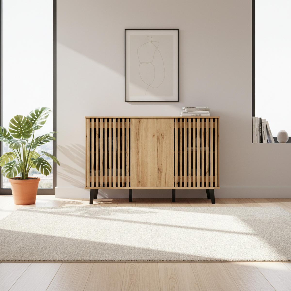 3-TÜRIGES Buffet mit Lamellendesign in Natürlicher Holzoptik,Beige - Naturfarben, Textil (40/95/150cm) - Urban Meuble