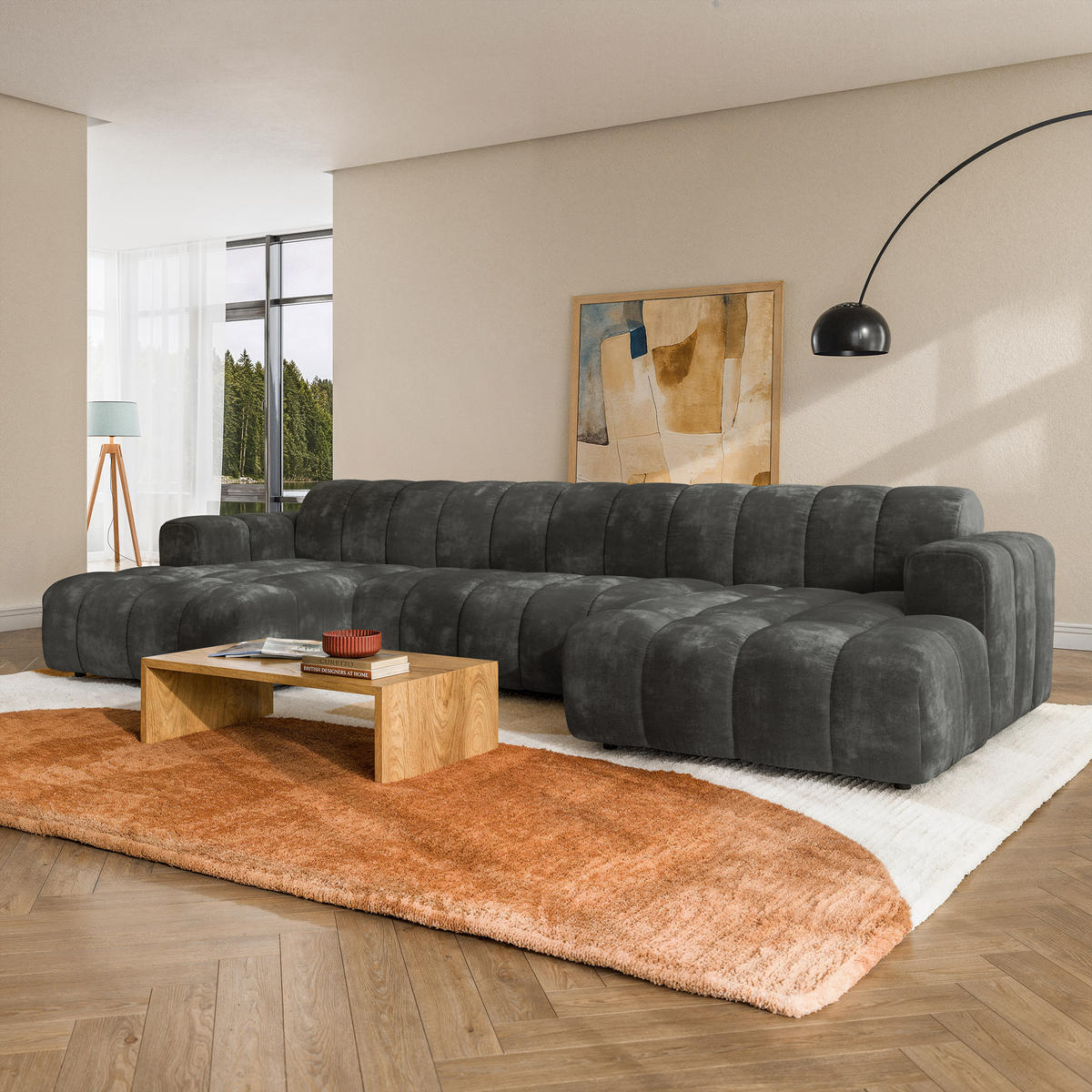 WOHNLANDSCHAFT AENIS Grau Chenille - Grau, Holz (398/85/165cm) - MASSENO
