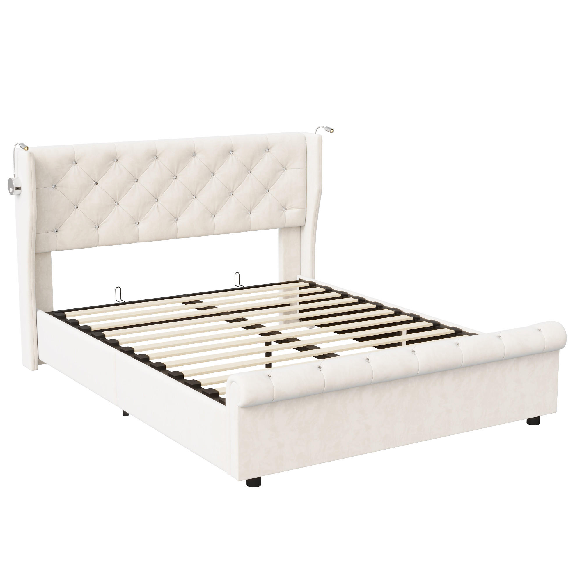 POLSTERBETT 160x200 cm, Beige, Leselichte und USB - Beige, Textil/Metall (160/200cm)