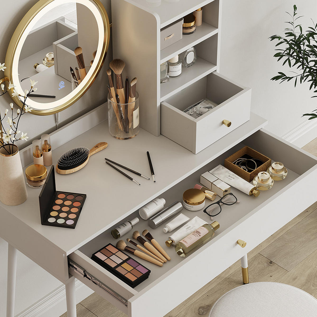 SCHMINKTISCH Mirela Weiß 90 cm mit LED-Spiegel und Hocker - Weiß, Holzwerkstoff (90/130/40cm) - Vicco