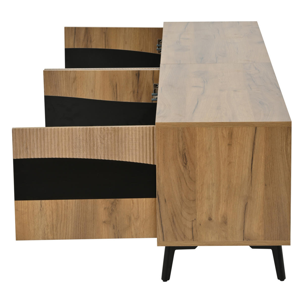 TV-LOWBOARD aus Spanplatte 180x40x50 cm Naturfarben/Schwarz mit 4 Türen, 4 Fächern und symmetrischem Design - Naturfarben, Holzwerkstoff (180/50/40cm) - Modfu