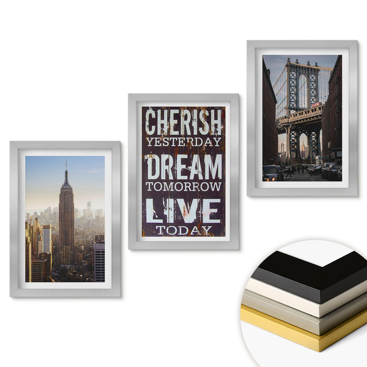 WANDBILDER 3er Set - 20x30 cm Silberner Rahmen - Zitat über New Yorker Landschaften - Silberfarben, Kunststoff (20/30cm) - ArtPrintCave