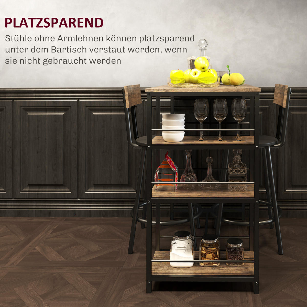 BARTISCH mit Barhocker Set, 3-tlg. Bartisch-Set mit Küchentisch, 2 Barstühlen - Naturfarben, Metall (50/90.5/90cm) - HOMCOM