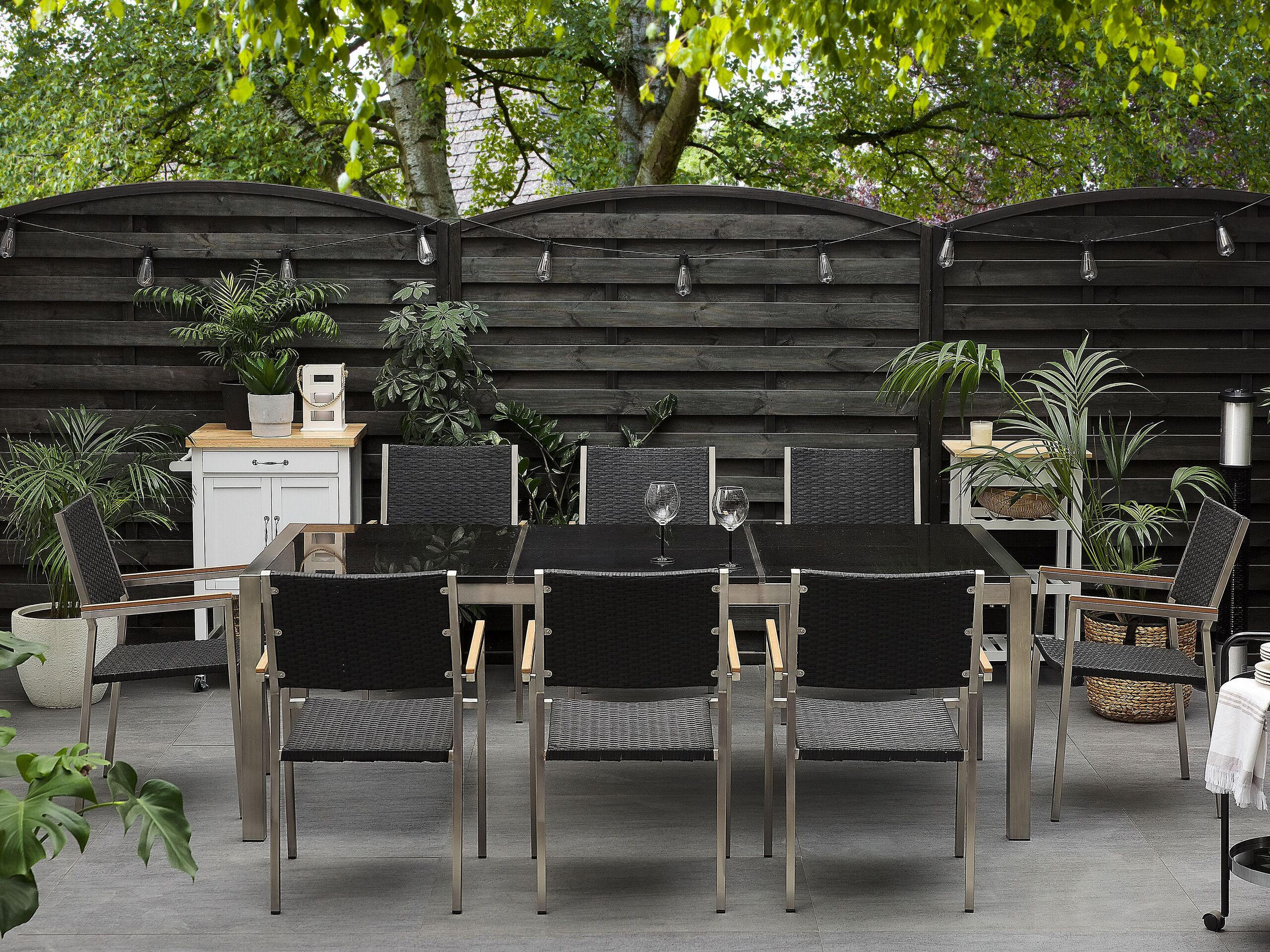 GARTENMÖBEL-SET 8-Sitzer Naturstein schwarz poliert Rattan Grosseto - Silberfarben/Schwarz, Metall - Beliani