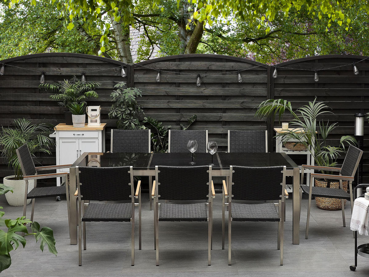 GARTENMÖBEL-SET 8-Sitzer Naturstein schwarz poliert Rattan Grosseto - Silberfarben/Schwarz, Metall - Beliani