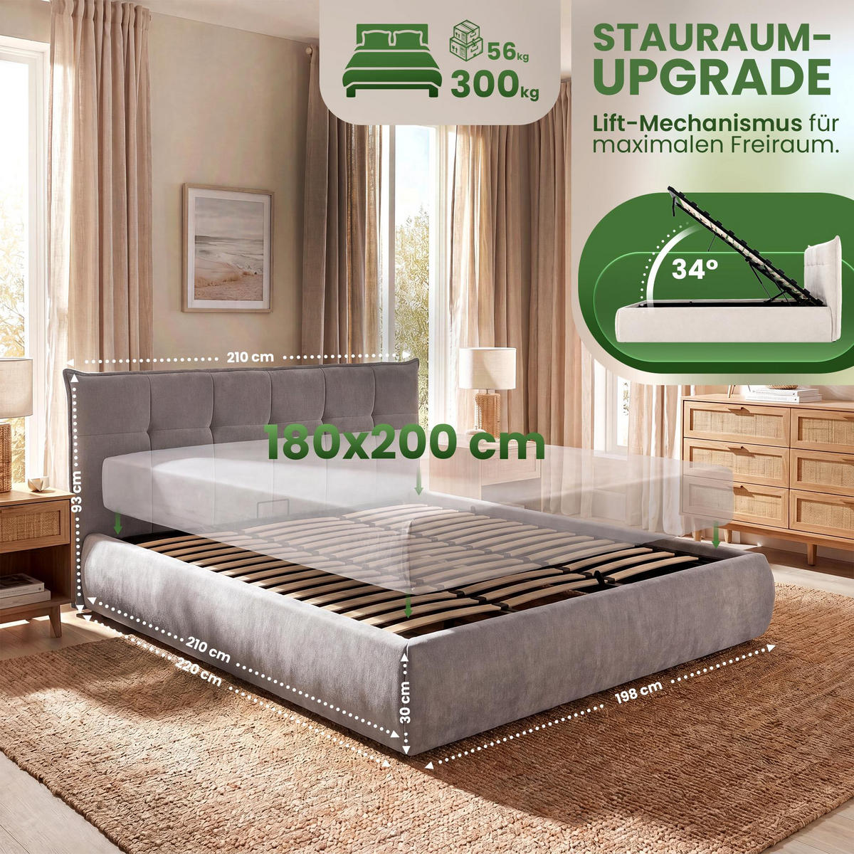 POLSTERBETT 180 cm/200 cm cm Stoff Grau - Grau, Textil (198/220cm) - CLP