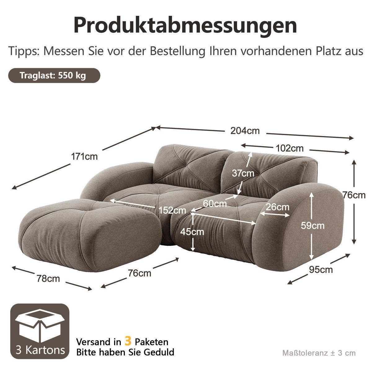 ECKSOFA 204/171/76 cm in Taupe aus Chenille mit Hocker - Taupe, Textil (171/204cm) - Flora Grace