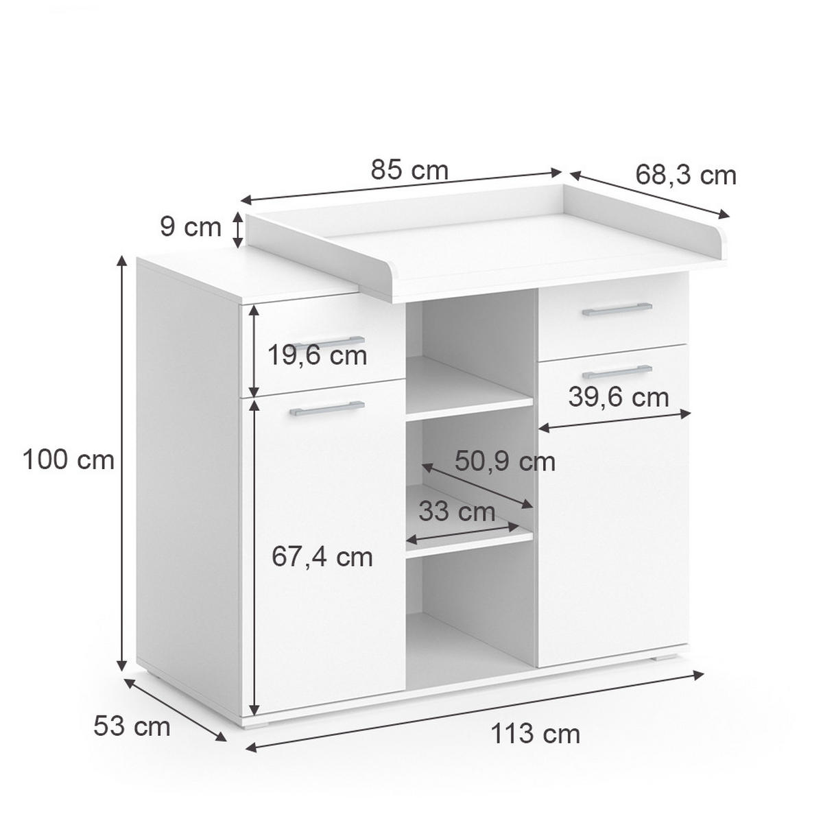 WICKELKOMMODE Leonie Weiß 113 x 109 cm - Weiß, Holzwerkstoff (113/109/70cm) - Vicco