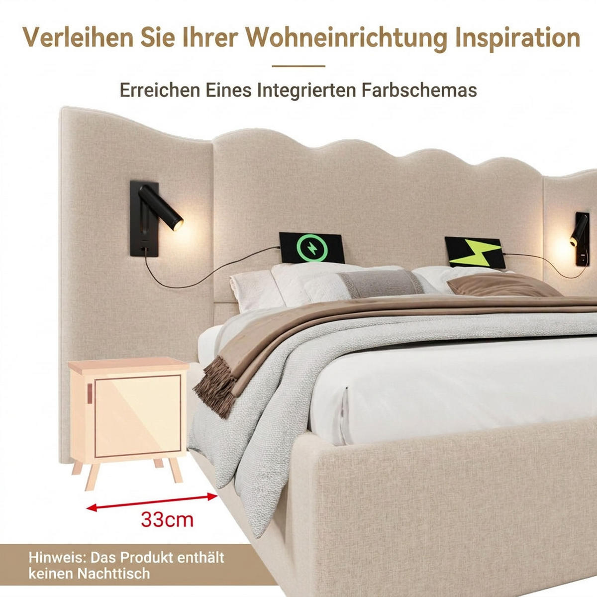 POLSTERBETT 180/200 cm Beige mit Leselampe und USB Type-C Ladefunktion - Beige, Textil (180/200cm) - Oxeza