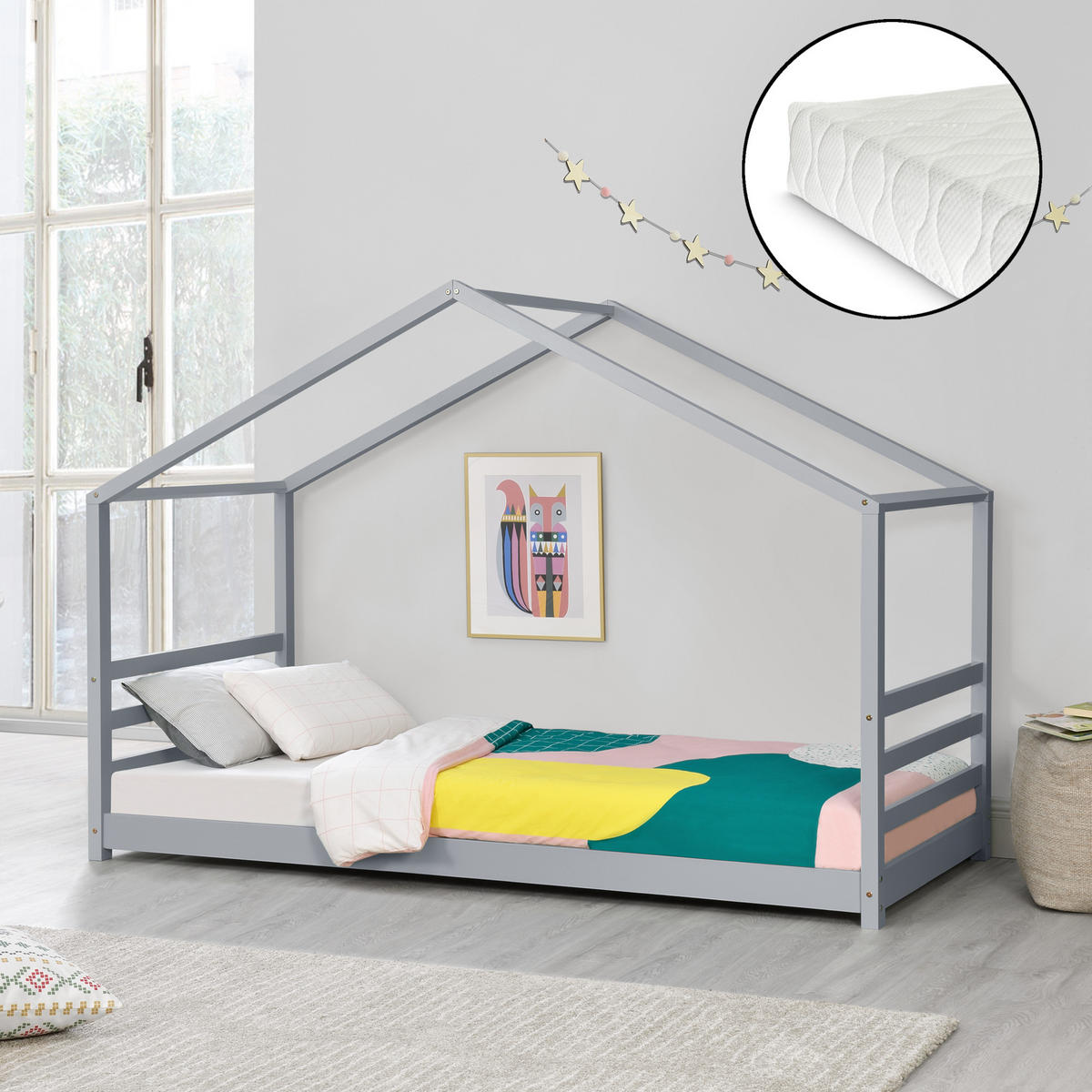 HAUSBETT Vardø mit Matratze - Grau, Holz/Textil (90/200cm) - [en.casa]