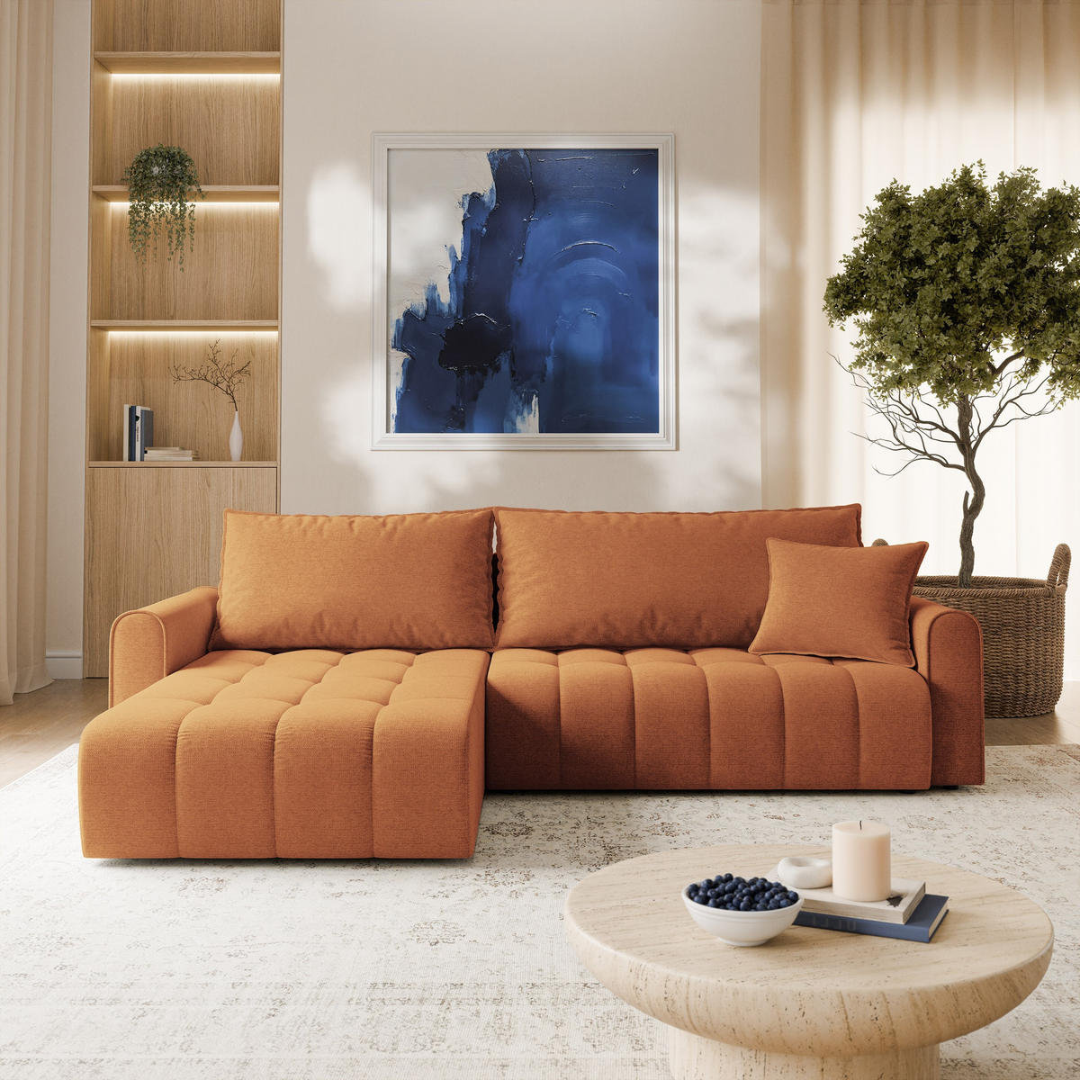 ECKSOFA FRIGA Orange Strukturstoff mit Schlaffunktion - Orange, Holz (283/185cm) - MASSENO