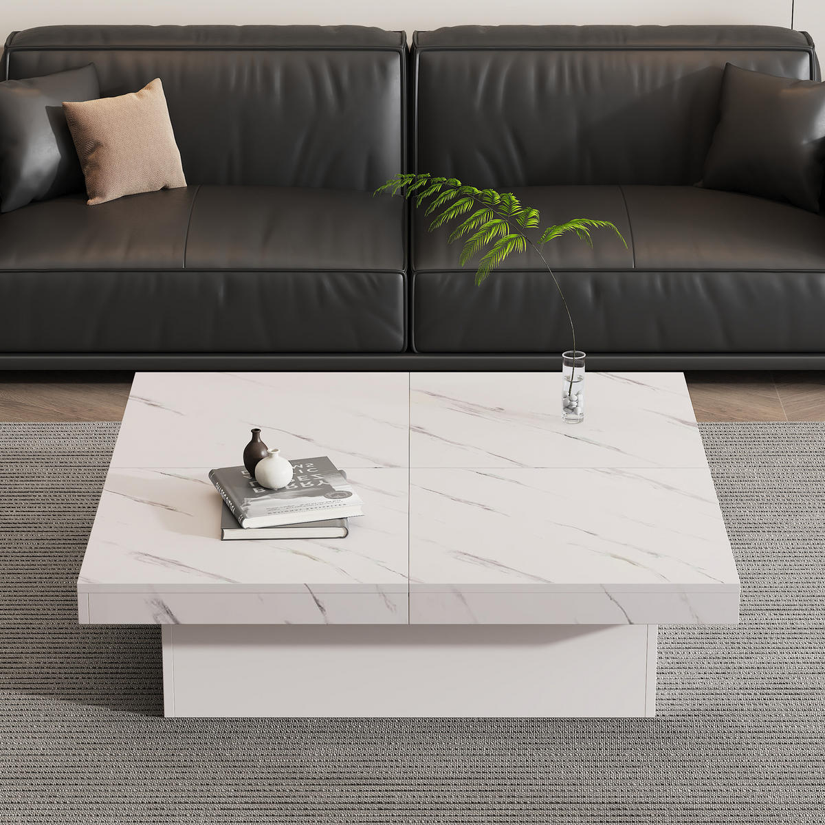 COUCHTISCH in Weiß Couchtisch mit Marmor-Optik und sowie schiebbarer Tischplatte für Wohnzimmer, B90/T90/H25 cm - Weiß, Holzwerkstoff (90/90/25cm) - STILVORA