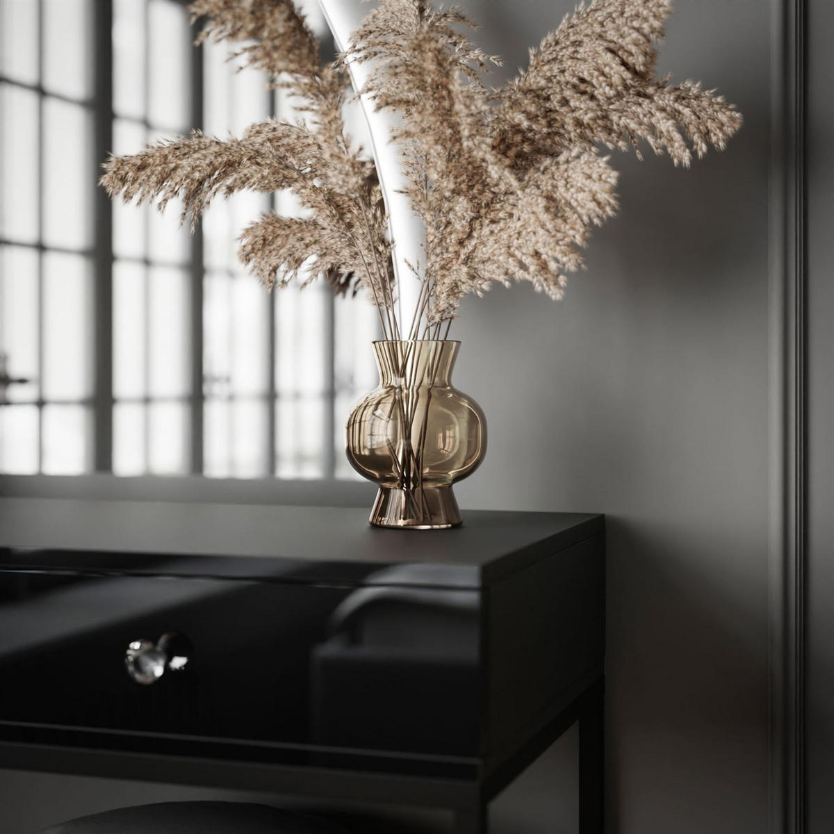 SCHMINKTISCH schwarz QUINNIE mit LED-Spiegel rechts Griff Kristall - Schwarz Hochglanz/Schwarz, Holzwerkstoff (100/176/42cm) - Lookway