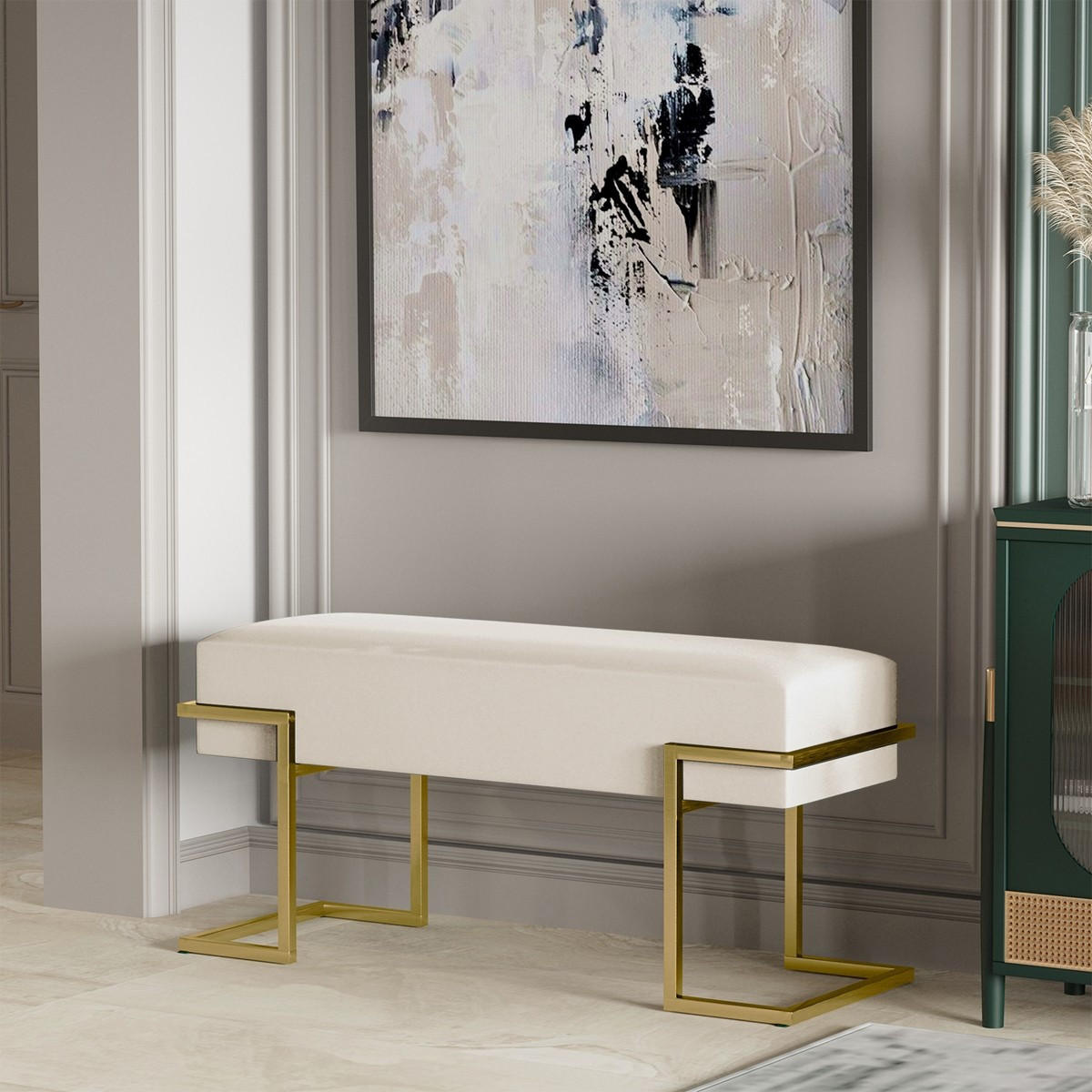 POLSTERBANK CELY 80 cm, Beige, Goldener Rahmen, Samtstoff - Goldfarben/Creme, Textil/Metall (80/42/34cm) - Bettso