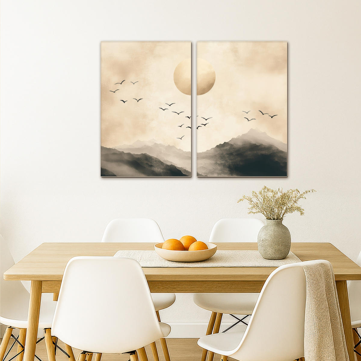 LEINWANDBILD 2er Set Landschaft - Japandi - Beige - Vögel 80x60 cm - Beige, Textil (80/60cm) - MuchoWow