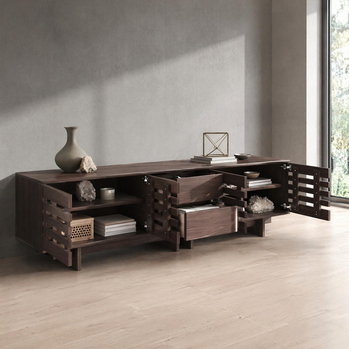 LOWBOARD in Walnussfarben TV-Schrank mit Schubladen für Fernseher bis zu 80 Zoll, B200/T39.5/H55 cm - Walnussfarben, Holzwerkstoff (200/55/39.5cm) - STILVORA
