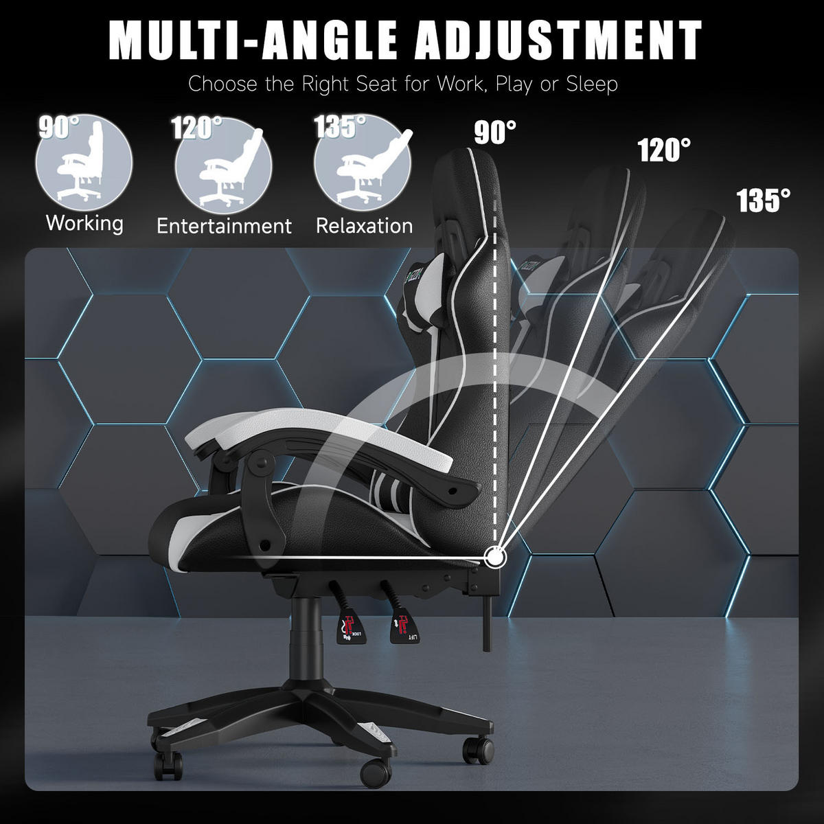 GAMING-STUHL ergonomisch, verstellbare Rückenlehne, Kissen – Schwarz/Weiß - Weiß, Leder (59/120/56cm) - Rattantree