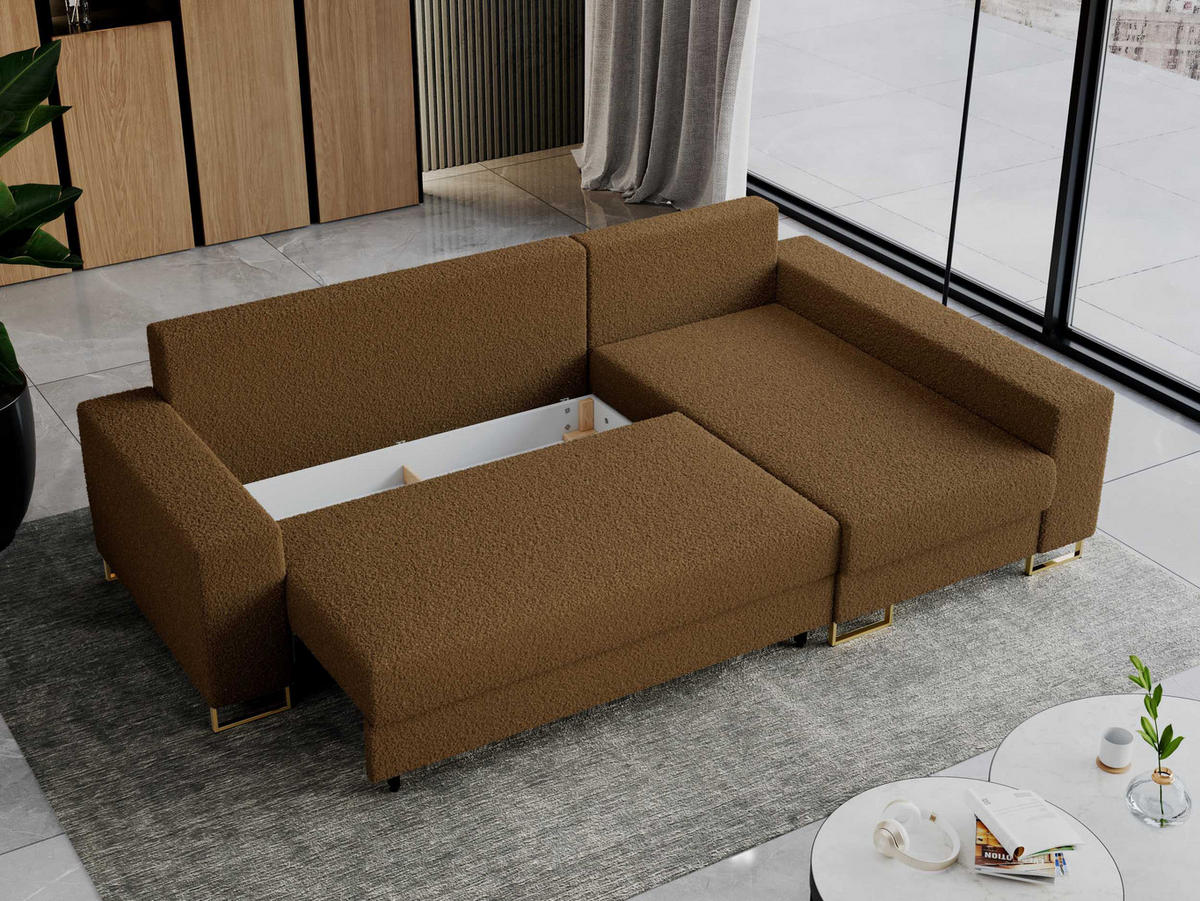 ECKSOFA Dorian Boucle Braun - Goldfarben/Braun, Textil/Metall (242/138cm) - MKS