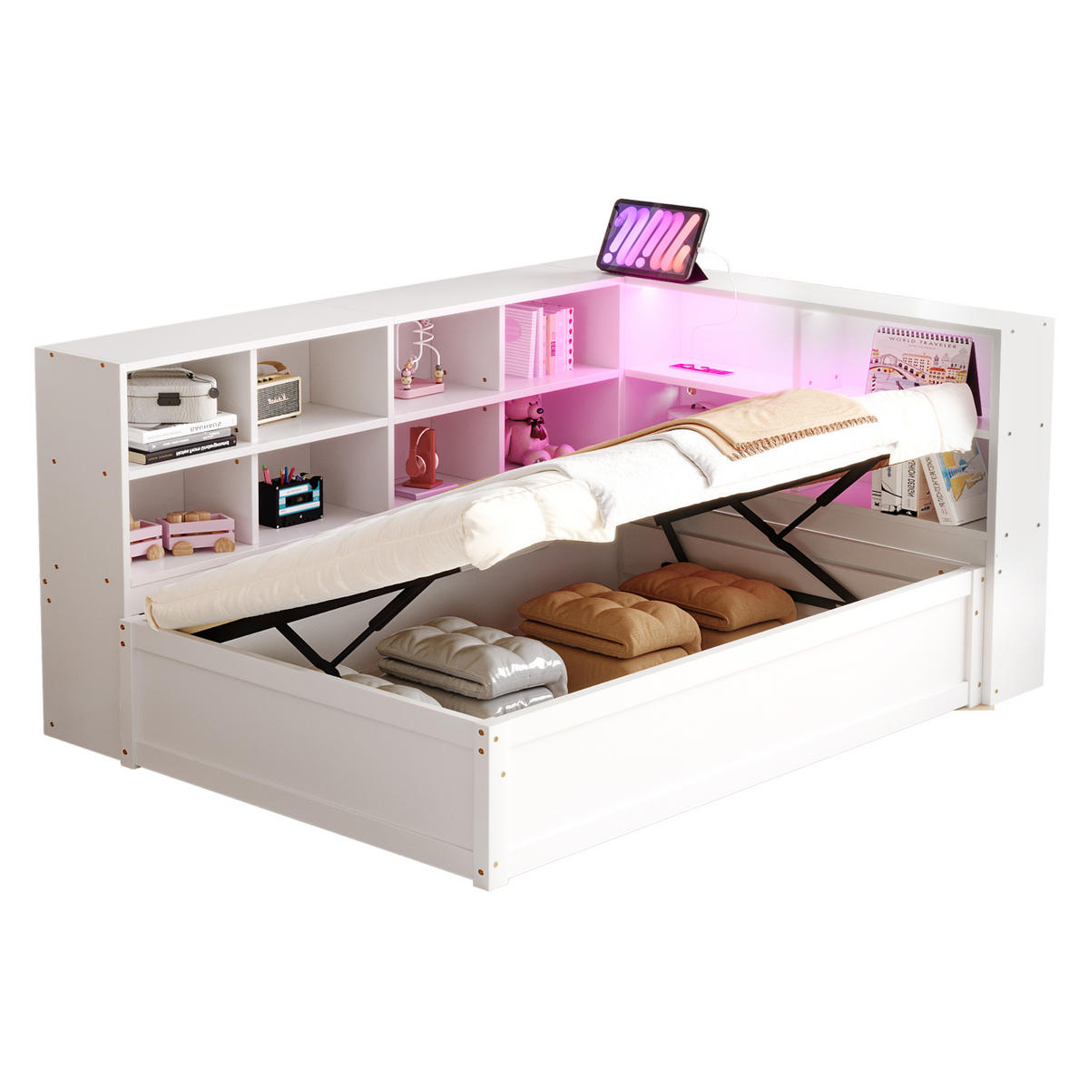 BETT mit hydraulischem Bett und Staufächern Weiß 90/200 cm - Weiß, Holz (90/200cm) - OKWISH