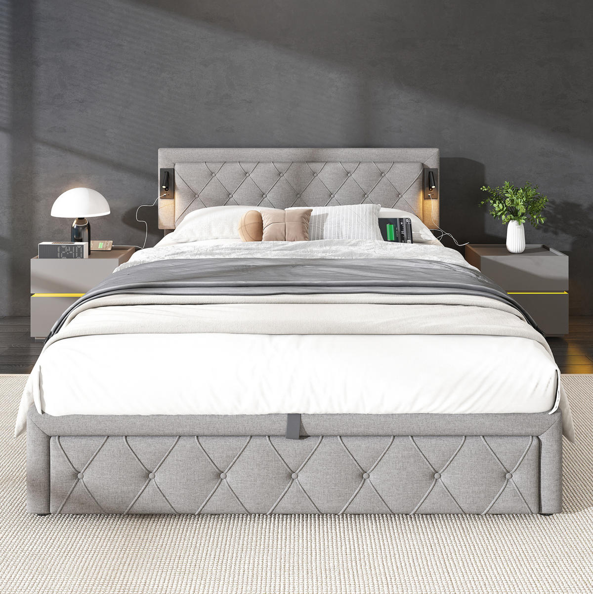 POLSTERBETT 160/200 cm Grau mit Downlight und USB-Schnittstellen - Grau, Textil (160/200cm) - OKWISH