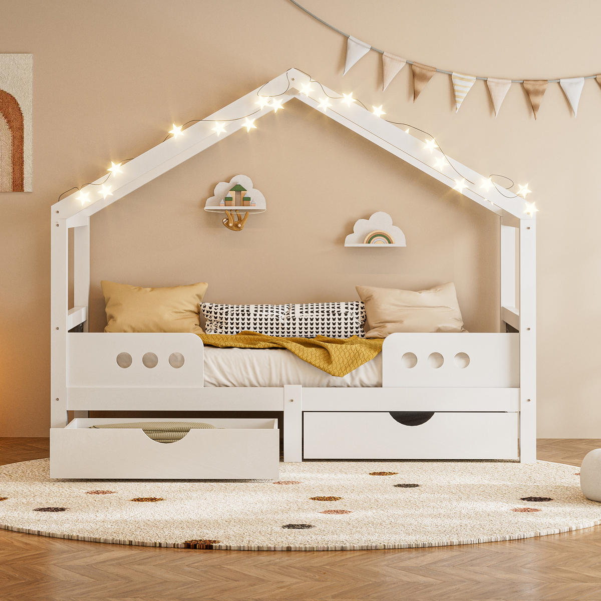 HAUSBETT mit Dachdesign 90/200 cm weiß mit 2 großen Schubladen - Weiß, Holz (90/200cm) - OKWISH