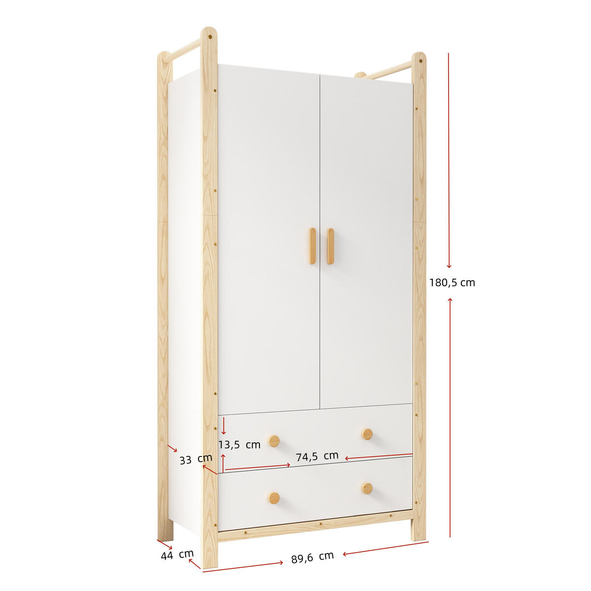 KLEIDERSCHRANK 90x45x180cm Weiß + Kiefer Spanplatte 2 Türen 2 Schubladen - Weiß, Holz (45/180/90cm) - FLIEKS