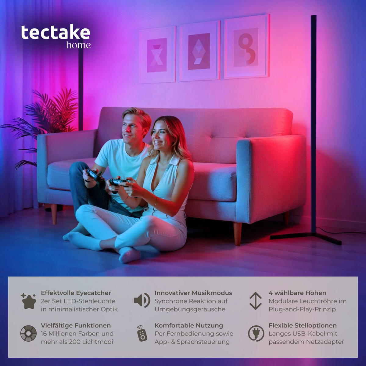 LED-STEHLAMPE Spectra,Innovativer Musik-Aktivierungsmodus,schwarz/weiß - Schwarz/Weiß, Metall (29.5/29.5/145cm) - tectake