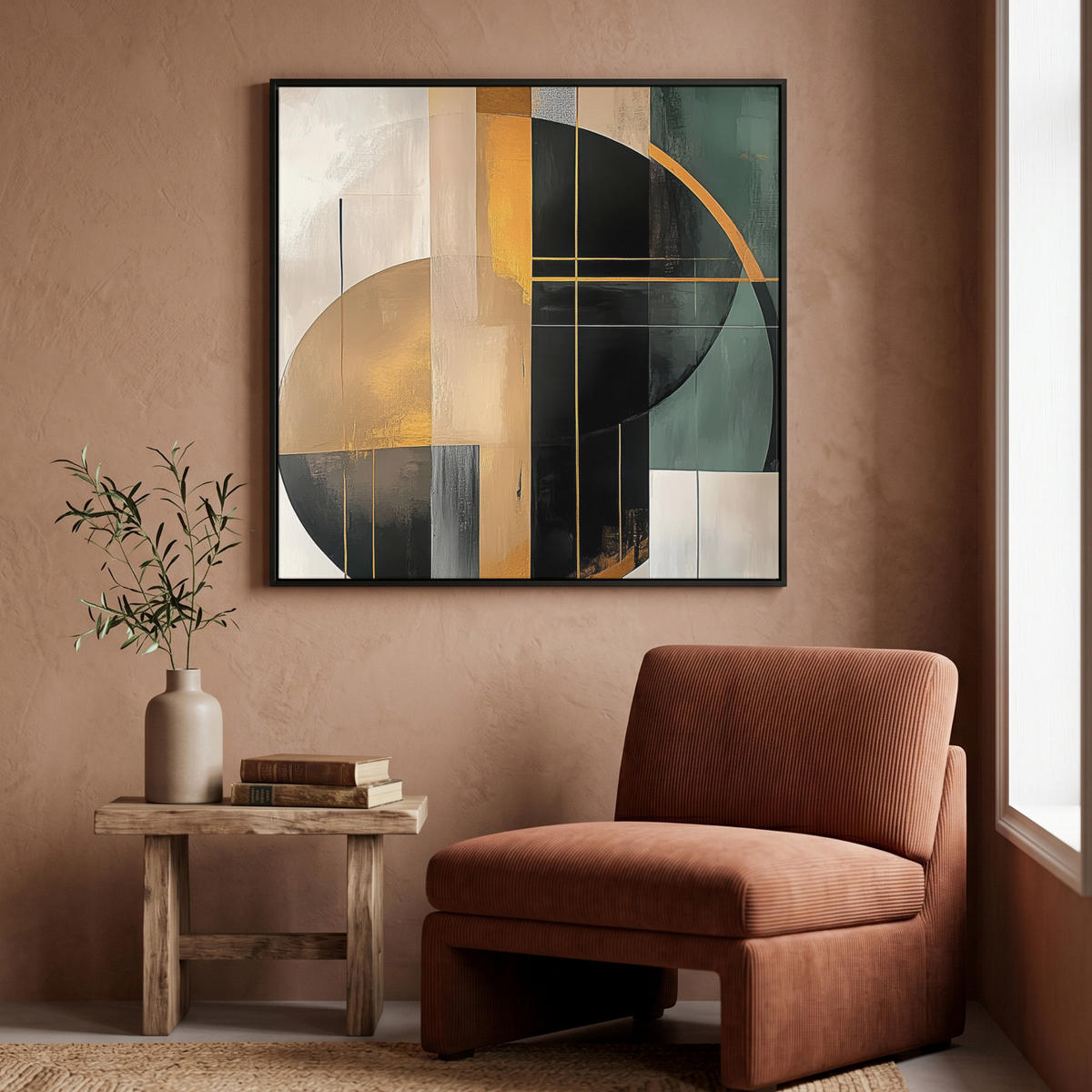 LEINWAND Bilder mit Rahmen - Abstrakt - Gold - Bronze - Grün - Formen - Modern - 90x90 - Multicolor, Textil (90/90cm) - MuchoWow