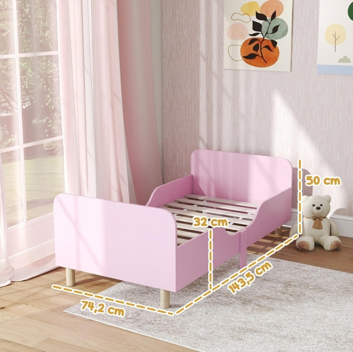 KINDERBETT 143/74 cm rosa aus Holz mit Rausfallschutz - Pink, Holzwerkstoff (74/143cm) - OKWISH