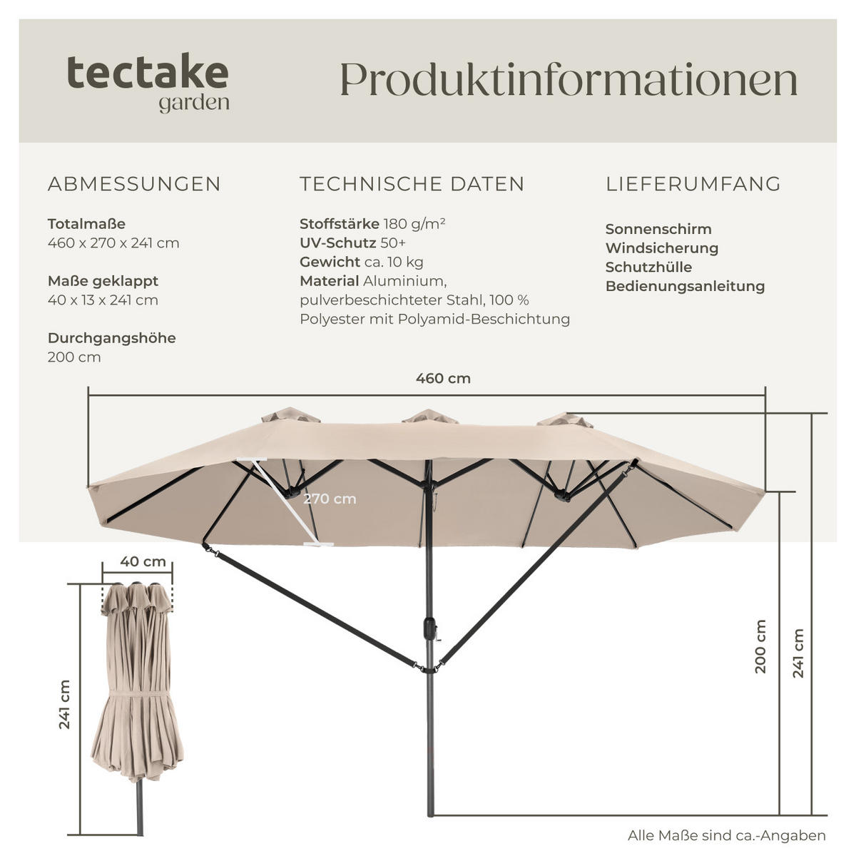 SONNENSCHIRM Silia, UV-Schutz 50+, inklusive Windsicherung und Schutzhülle, beige - Beige, Metall (270/460cm) - tectake