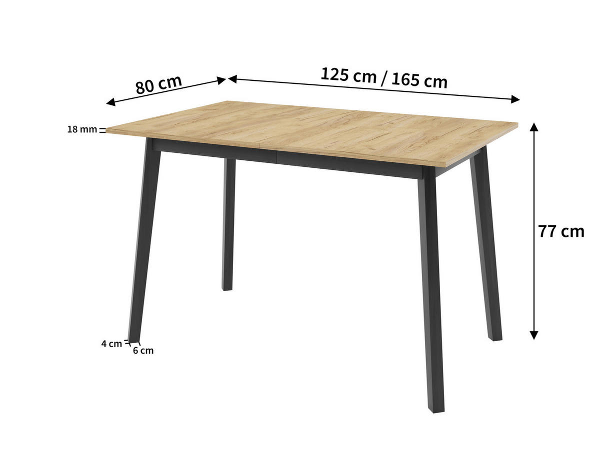 ESSTISCH ENZO S Ausziehbar 125 - 165 / 80 x 77 cm - Schwarz/Grau, Holz (125/80/77cm) - MASSENO
