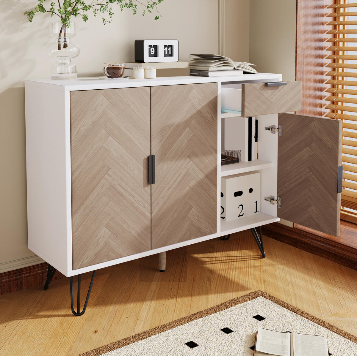 SIDEBOARD 90/30/71,5 cm in Weiß und Holzoptik mit Schublade und 3 Türen - Naturfarben, Holzwerkstoff (30/71.5/90cm) - Flora Grace
