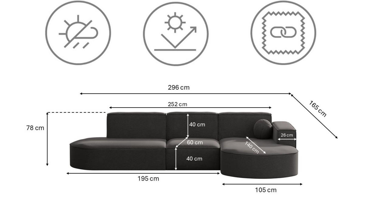 GARTENECKSOFA L-Form Garten Modena L Patio Grau Rechts - Grau, Holz/Textil (296/78/165cm) - Kaiser Möbel