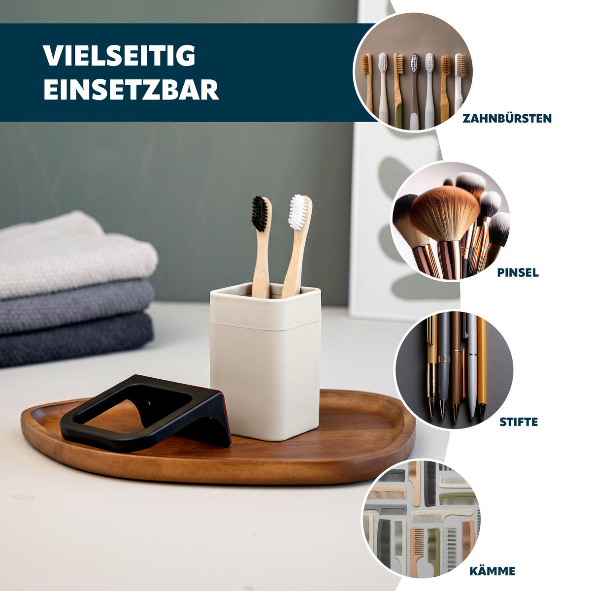 BAD-ACCESSOIRES-SET (4er-Set) SAVONA, Soft-Touch, beige - Beige, Kunststoff (20.5/24.5/21.5cm) - bremermann