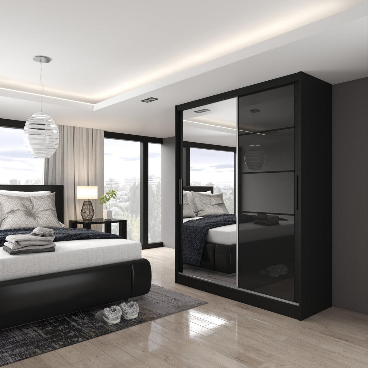 SCHWEBETÜRENSCHRANK Verona MGB, Schwarz Hochglanz, 133 cm, mit Spiegel - Schwarz, Holz (133/216/60cm) - B BELINI GROUP