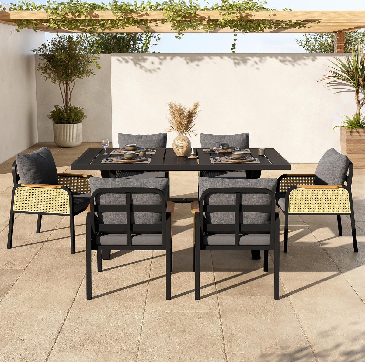 GARTENMÖBELSET 7-tlg. mit Tisch und 6 Stühlen Schwarz/Natur - Schwarz, Metall - Beauniv
