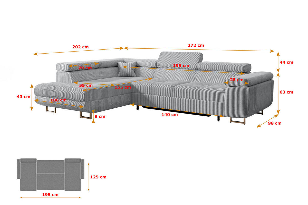 ECKSOFA mit Schlaffunktion und Bettkasten GUSA-L 272x202x107 cm Grau Cord - Silberfarben/Grau, Holzwerkstoff/Textil (202/272cm) - ALTDECOR