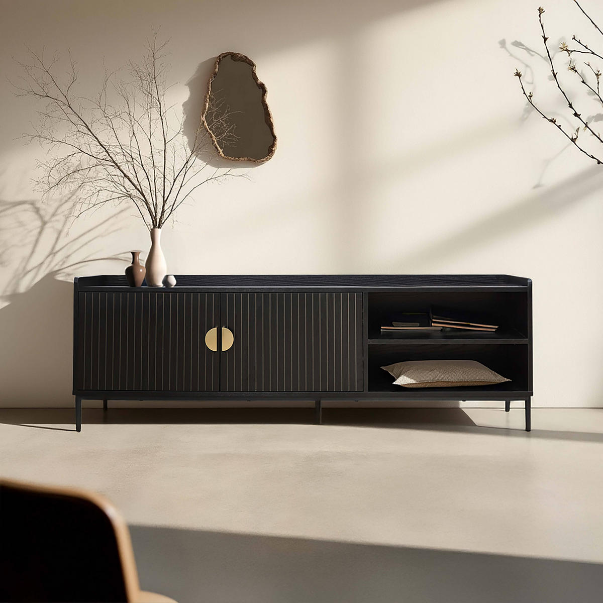 TV-SCHRANK, Schwarz - Schwarz, Holz (40/56/150cm) - Oviala