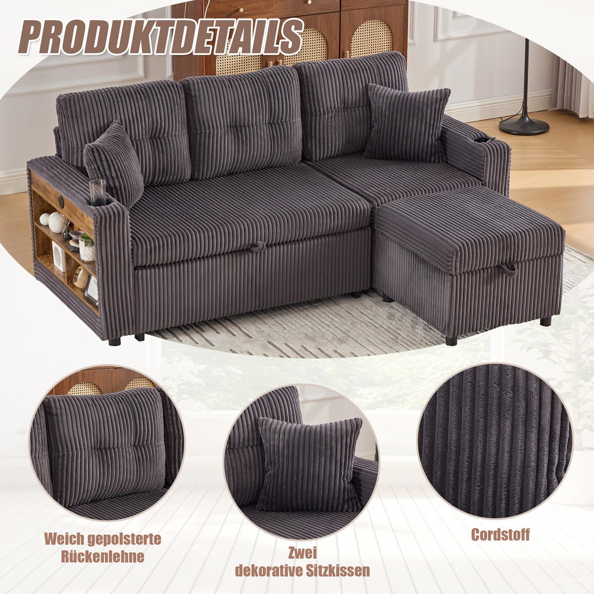 SCHLAFSOFA aus Cord mit Stauraum, Ausziehbett und USB-C - Dunkelgrau, Textil (196/85/82cm)