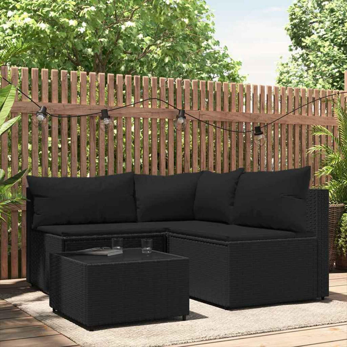 LOUNGEGARNITUR mit Auflagen und 50 cm Couchtisch, aus Poly Rattan und Glas, Schwarz, 4-teiliges Set - Schwarz, Kunststoff - vidaXL