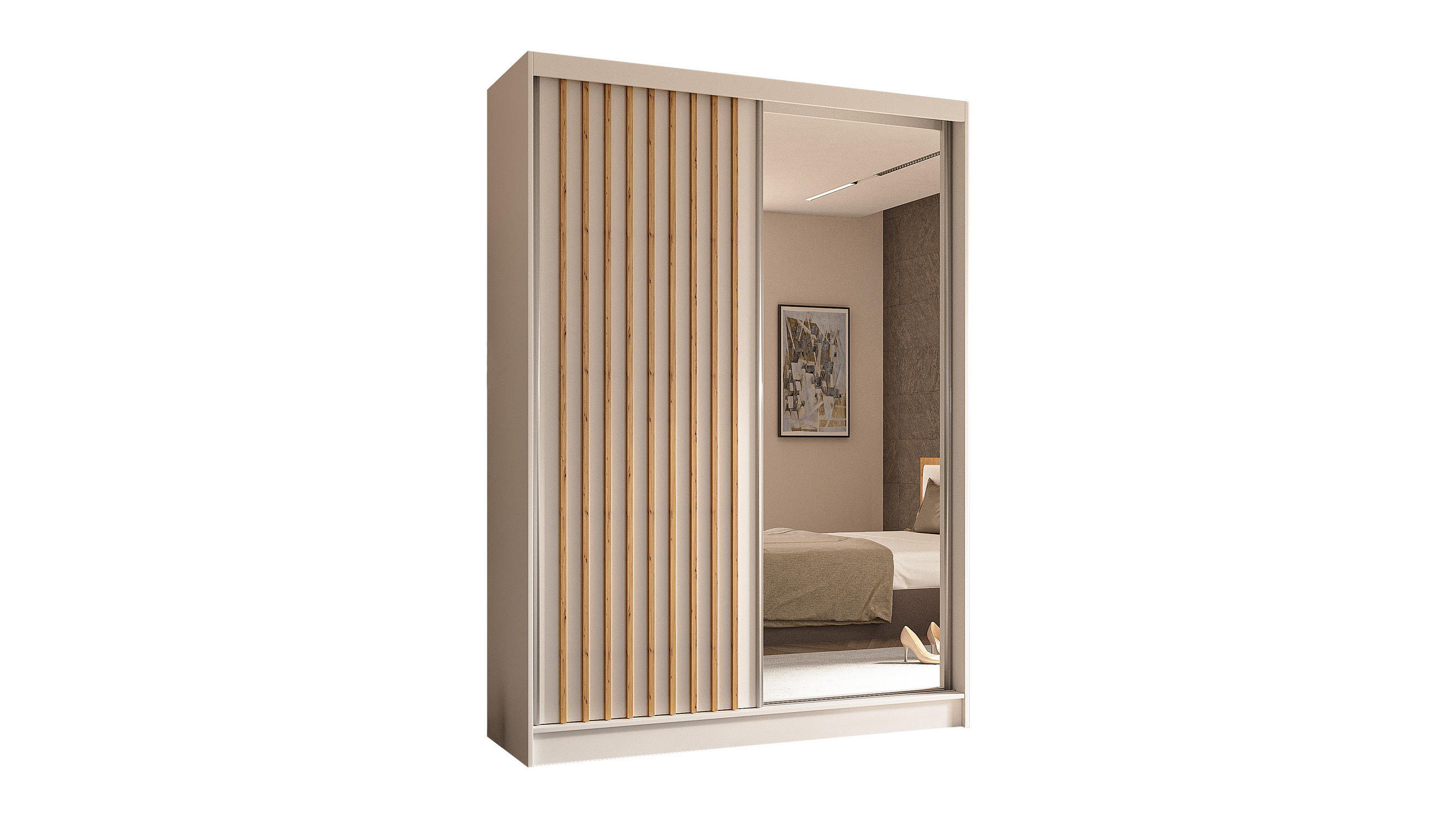 KLEIDERSCHRANK mit Spiegel-Schiebetüren und Aluminium-Leisten - LAMELO - 150 cm Weiß+Weiß+Artisan - Weiß, Holzwerkstoff (150/216/61cm) - ALTDECOR